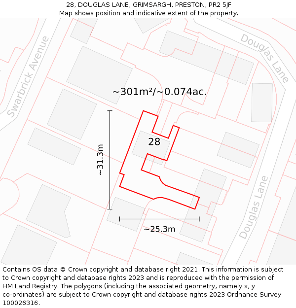 28, DOUGLAS LANE, GRIMSARGH, PRESTON, PR2 5JF: Plot and title map