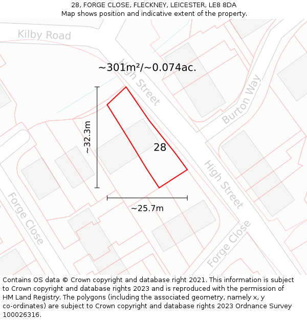 28, FORGE CLOSE, FLECKNEY, LEICESTER, LE8 8DA: Plot and title map
