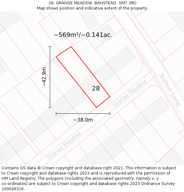 28, GRANGE MEADOW, BANSTEAD, SM7 3RD: Plot and title map