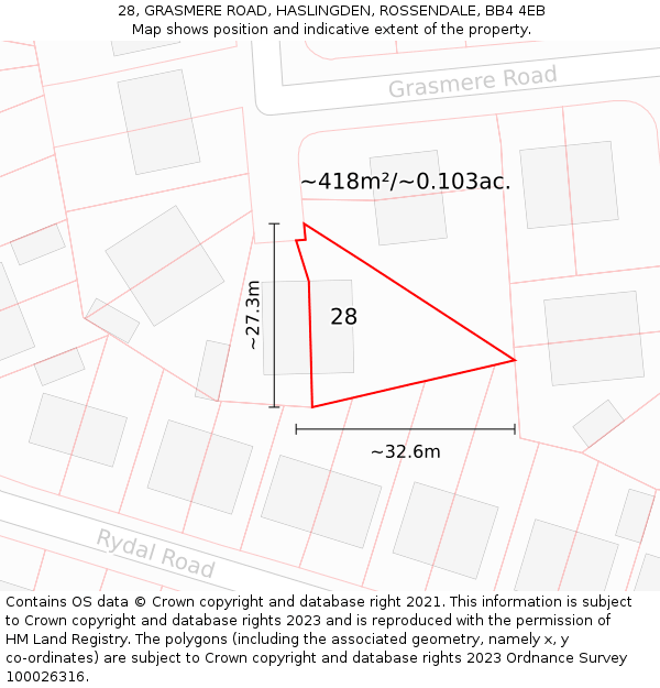 28, GRASMERE ROAD, HASLINGDEN, ROSSENDALE, BB4 4EB: Plot and title map