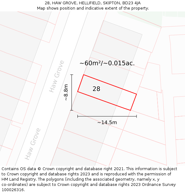 28, HAW GROVE, HELLIFIELD, SKIPTON, BD23 4JA: Plot and title map