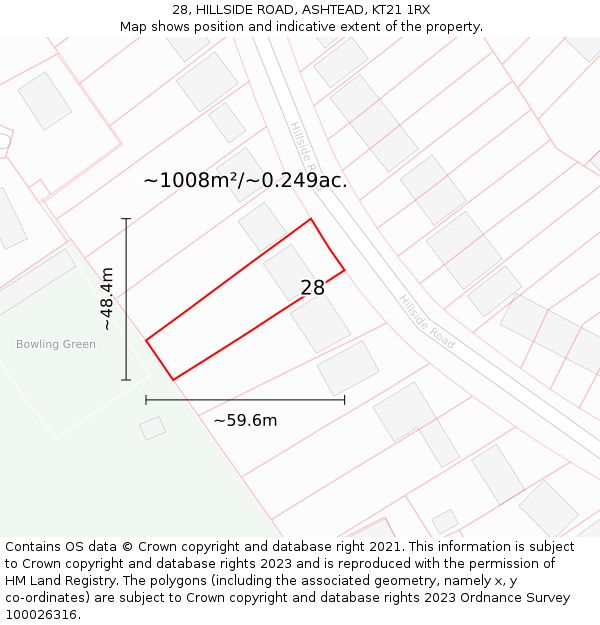 28, HILLSIDE ROAD, ASHTEAD, KT21 1RX: Plot and title map