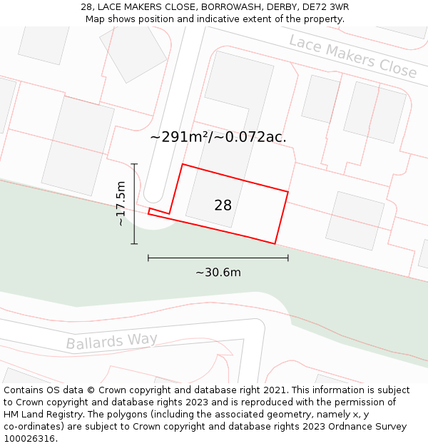 28, LACE MAKERS CLOSE, BORROWASH, DERBY, DE72 3WR: Plot and title map