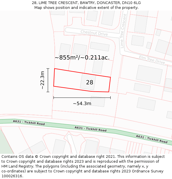28, LIME TREE CRESCENT, BAWTRY, DONCASTER, DN10 6LG: Plot and title map