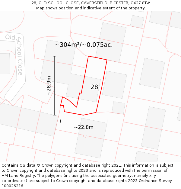28, OLD SCHOOL CLOSE, CAVERSFIELD, BICESTER, OX27 8TW: Plot and title map