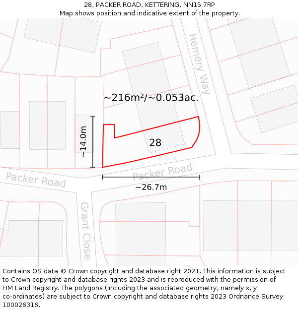 28, PACKER ROAD, KETTERING, NN15 7RP: Plot and title map