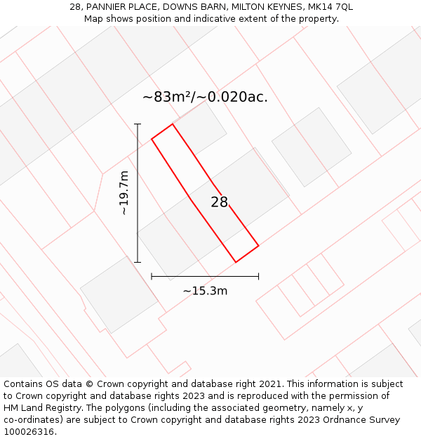 28, PANNIER PLACE, DOWNS BARN, MILTON KEYNES, MK14 7QL: Plot and title map