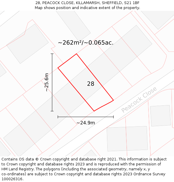 28, PEACOCK CLOSE, KILLAMARSH, SHEFFIELD, S21 1BF: Plot and title map