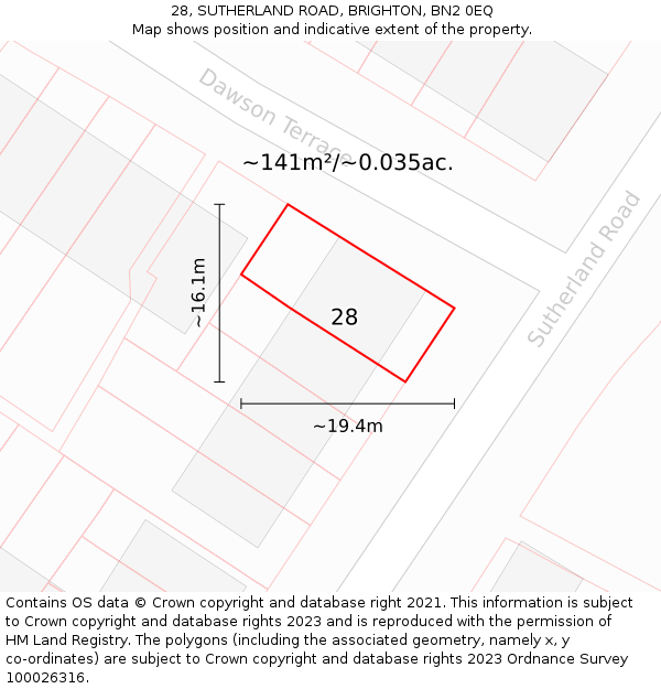 28, SUTHERLAND ROAD, BRIGHTON, BN2 0EQ: Plot and title map