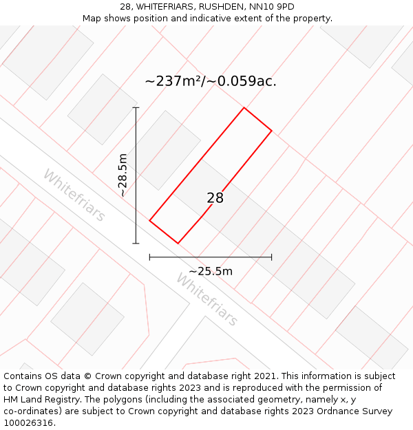 28, WHITEFRIARS, RUSHDEN, NN10 9PD: Plot and title map