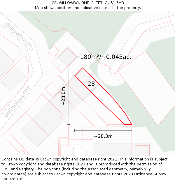 28, WILLOWBOURNE, FLEET, GU51 5AB: Plot and title map