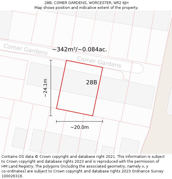 28B, COMER GARDENS, WORCESTER, WR2 6JH: Plot and title map