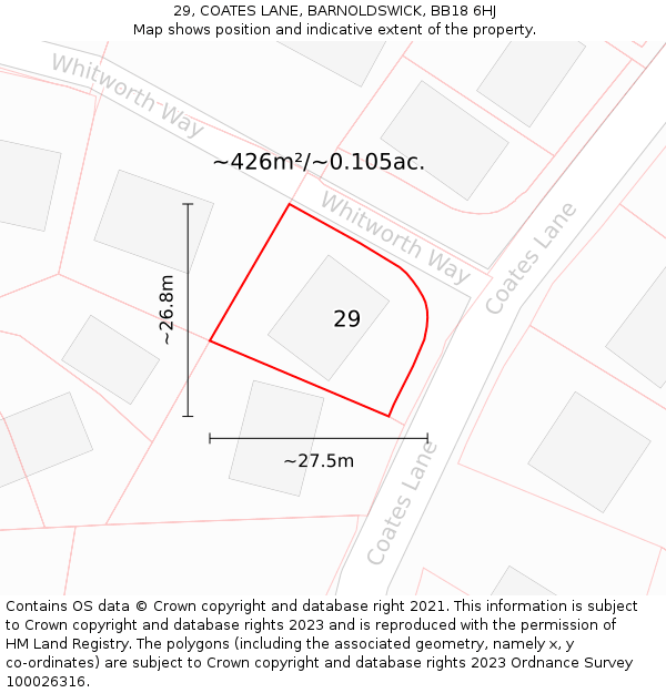 29, COATES LANE, BARNOLDSWICK, BB18 6HJ: Plot and title map