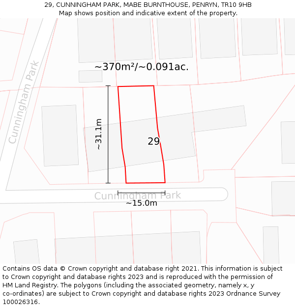 29, CUNNINGHAM PARK, MABE BURNTHOUSE, PENRYN, TR10 9HB: Plot and title map