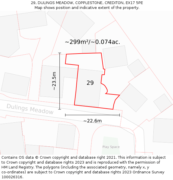 29, DULINGS MEADOW, COPPLESTONE, CREDITON, EX17 5PE: Plot and title map