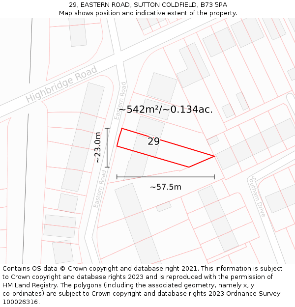 29, EASTERN ROAD, SUTTON COLDFIELD, B73 5PA: Plot and title map