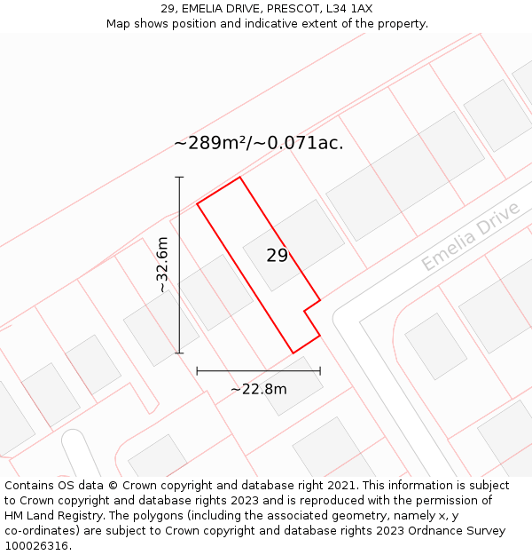 29, EMELIA DRIVE, PRESCOT, L34 1AX: Plot and title map
