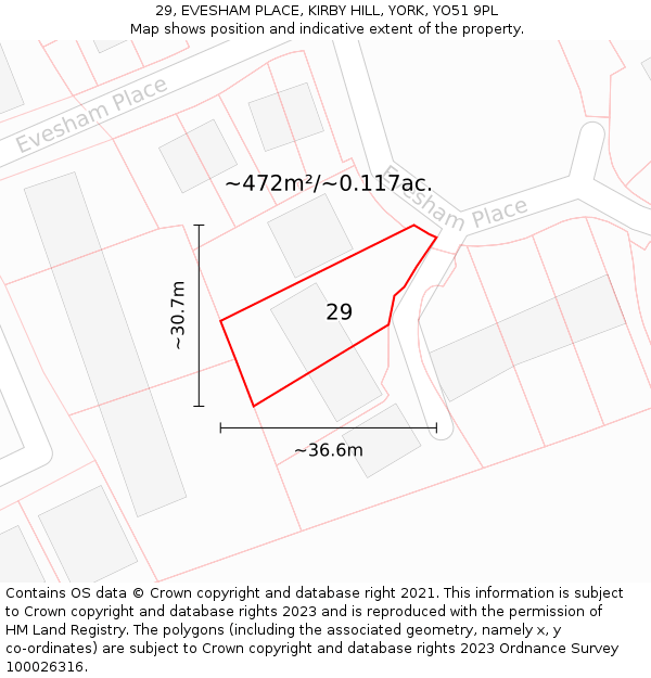 29, EVESHAM PLACE, KIRBY HILL, YORK, YO51 9PL: Plot and title map