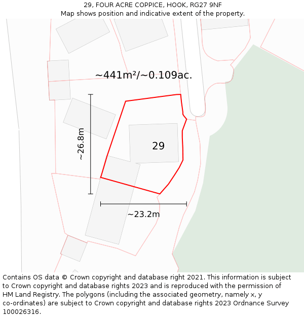 29, FOUR ACRE COPPICE, HOOK, RG27 9NF: Plot and title map