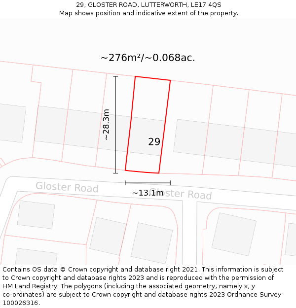 29, GLOSTER ROAD, LUTTERWORTH, LE17 4QS: Plot and title map