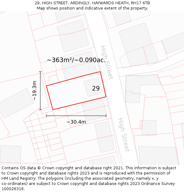 29, HIGH STREET, ARDINGLY, HAYWARDS HEATH, RH17 6TB: Plot and title map