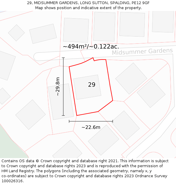 29, MIDSUMMER GARDENS, LONG SUTTON, SPALDING, PE12 9GF: Plot and title map