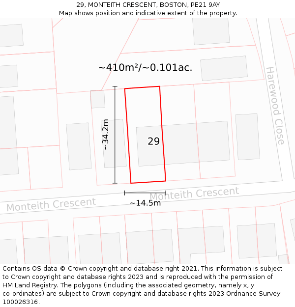 29, MONTEITH CRESCENT, BOSTON, PE21 9AY: Plot and title map