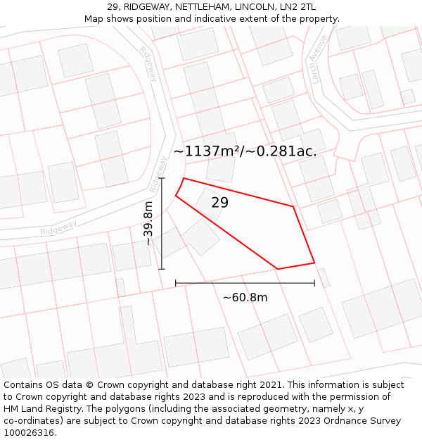 29, RIDGEWAY, NETTLEHAM, LINCOLN, LN2 2TL: Plot and title map