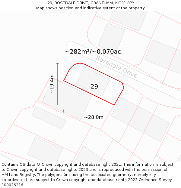 29, ROSEDALE DRIVE, GRANTHAM, NG31 8PY: Plot and title map