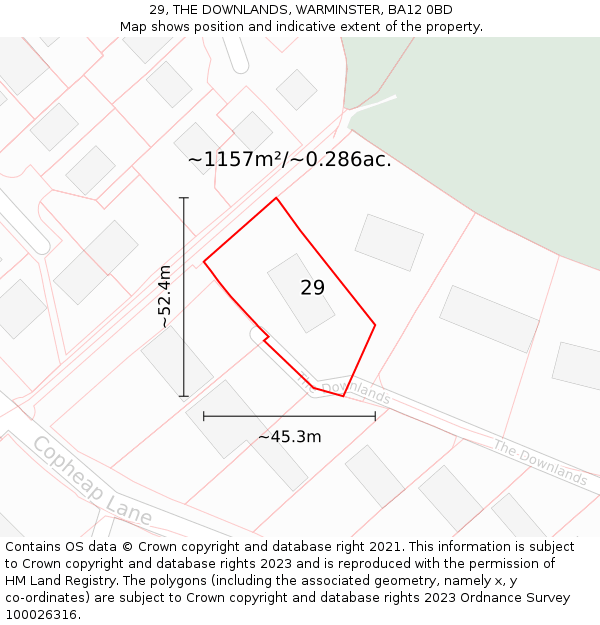 29, THE DOWNLANDS, WARMINSTER, BA12 0BD: Plot and title map