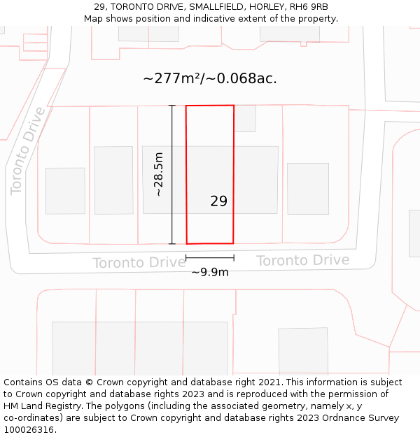 29, TORONTO DRIVE, SMALLFIELD, HORLEY, RH6 9RB: Plot and title map