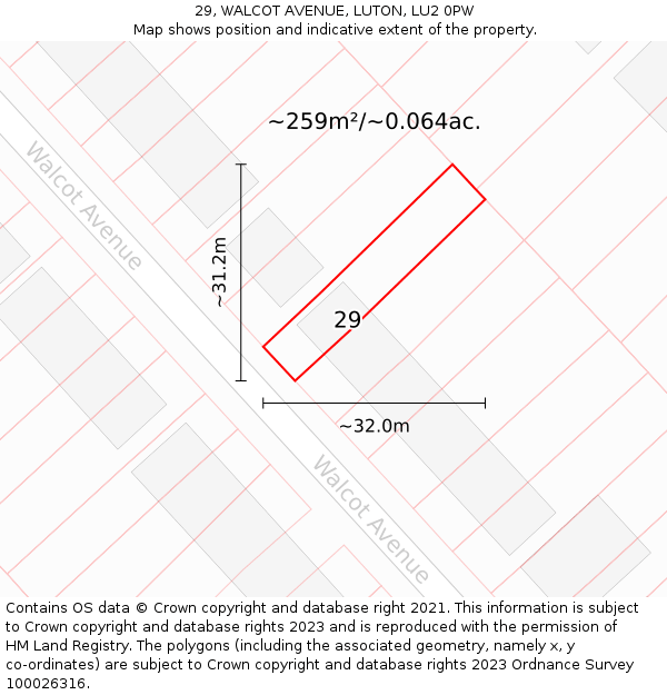 29, WALCOT AVENUE, LUTON, LU2 0PW: Plot and title map