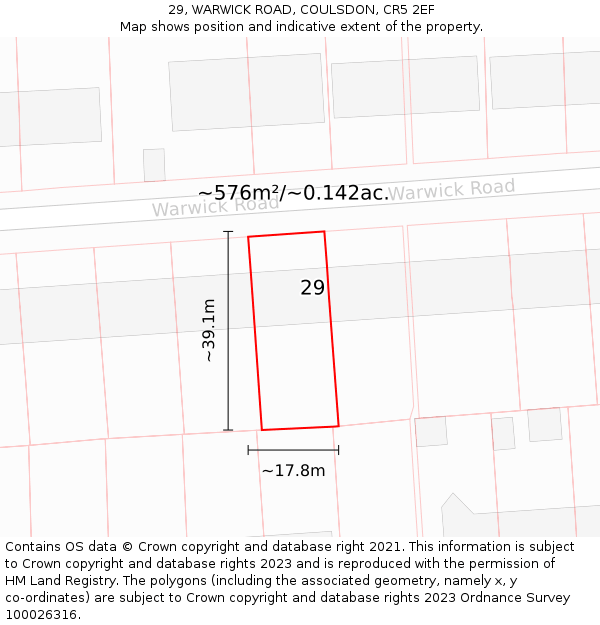29, WARWICK ROAD, COULSDON, CR5 2EF: Plot and title map