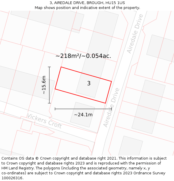 3, AIREDALE DRIVE, BROUGH, HU15 1US: Plot and title map