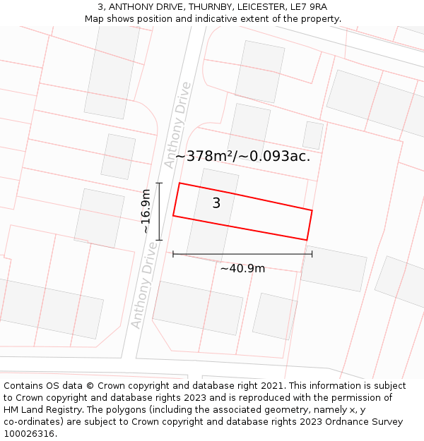 3, ANTHONY DRIVE, THURNBY, LEICESTER, LE7 9RA: Plot and title map