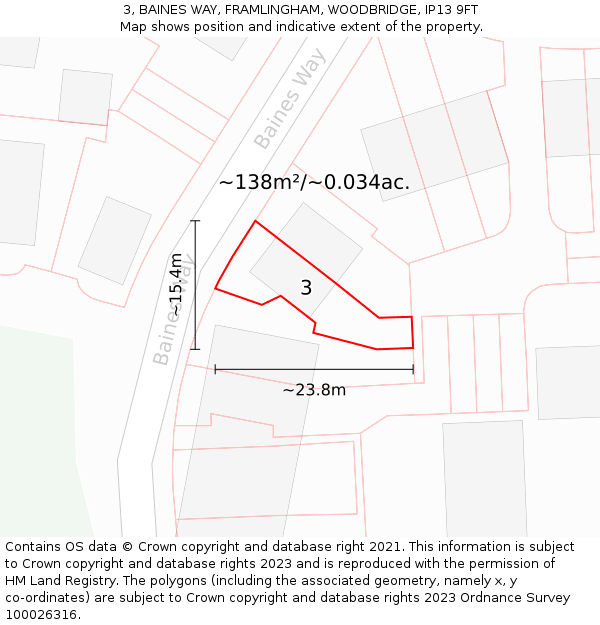 3, BAINES WAY, FRAMLINGHAM, WOODBRIDGE, IP13 9FT: Plot and title map