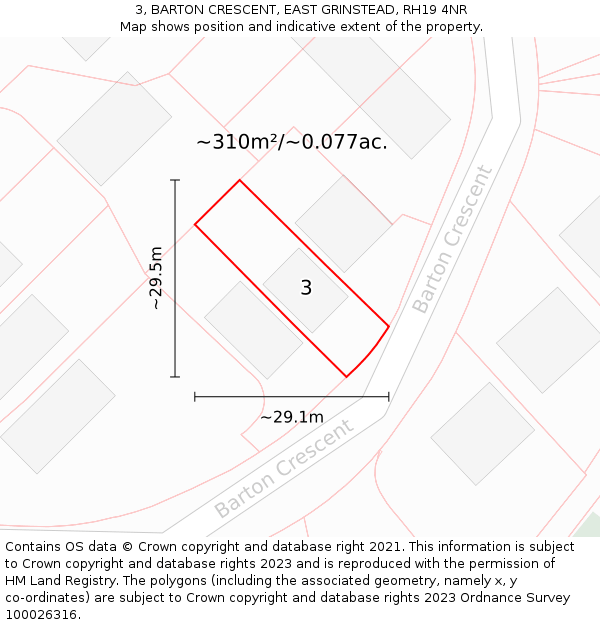 3, BARTON CRESCENT, EAST GRINSTEAD, RH19 4NR: Plot and title map