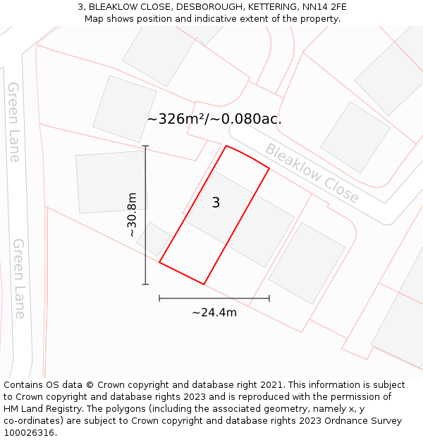3, BLEAKLOW CLOSE, DESBOROUGH, KETTERING, NN14 2FE: Plot and title map