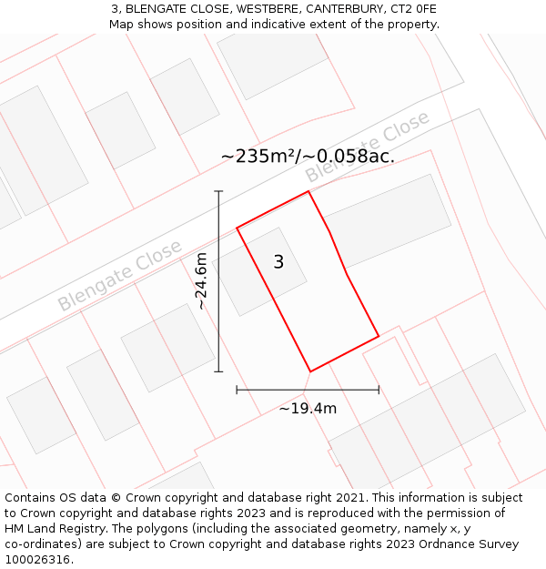 3, BLENGATE CLOSE, WESTBERE, CANTERBURY, CT2 0FE: Plot and title map