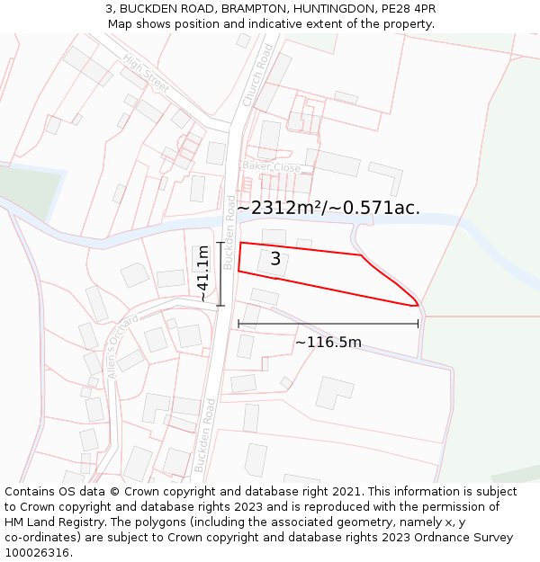 3, BUCKDEN ROAD, BRAMPTON, HUNTINGDON, PE28 4PR: Plot and title map