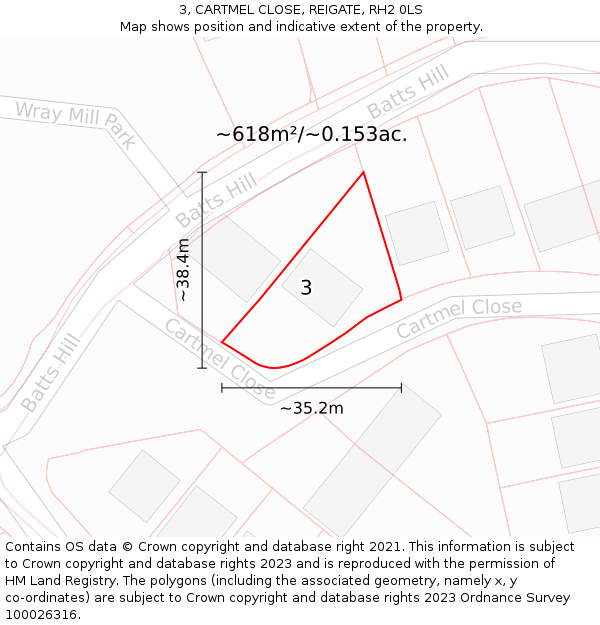 3, CARTMEL CLOSE, REIGATE, RH2 0LS: Plot and title map