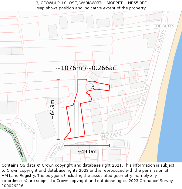 3, CEOWULPH CLOSE, WARKWORTH, MORPETH, NE65 0BF: Plot and title map