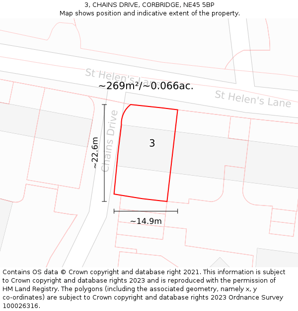 3, CHAINS DRIVE, CORBRIDGE, NE45 5BP: Plot and title map