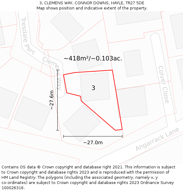 3, CLEMENS WAY, CONNOR DOWNS, HAYLE, TR27 5DE: Plot and title map