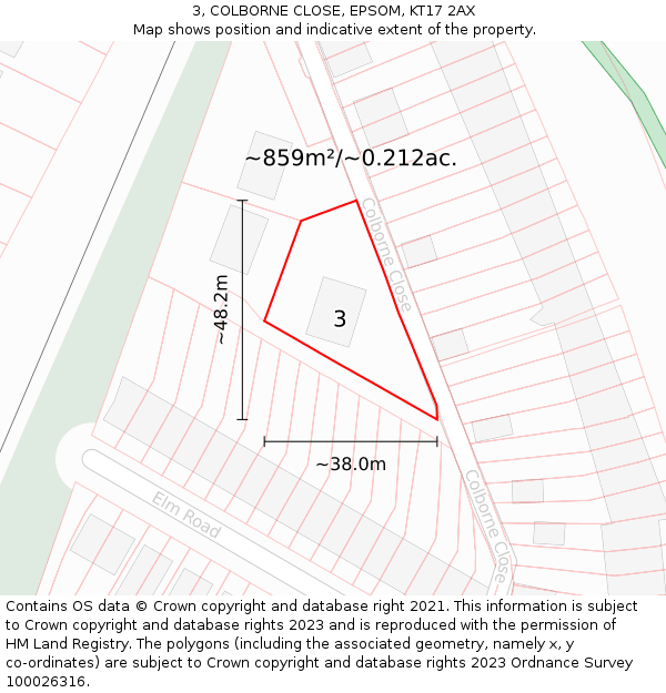 3, COLBORNE CLOSE, EPSOM, KT17 2AX: Plot and title map