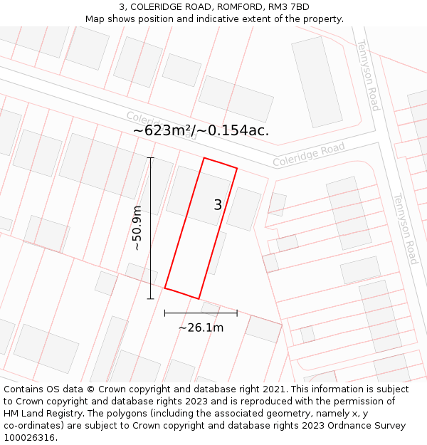 3, COLERIDGE ROAD, ROMFORD, RM3 7BD: Plot and title map