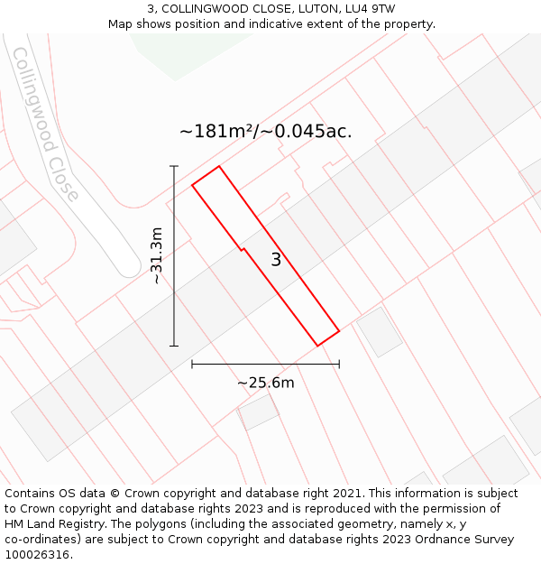 3, COLLINGWOOD CLOSE, LUTON, LU4 9TW: Plot and title map