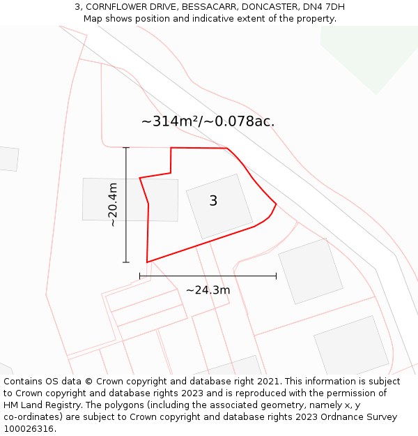 3, CORNFLOWER DRIVE, BESSACARR, DONCASTER, DN4 7DH: Plot and title map