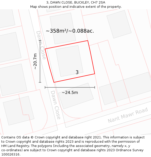 3, DAWN CLOSE, BUCKLEY, CH7 2SA: Plot and title map