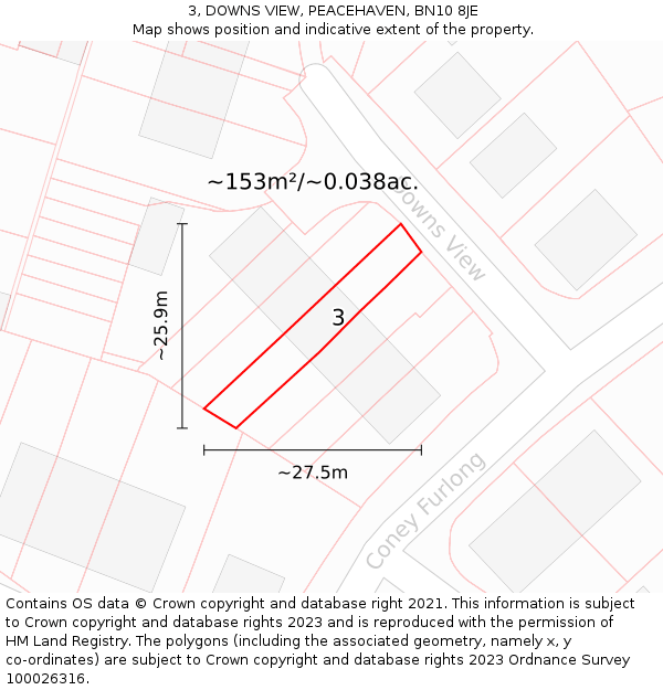 3, DOWNS VIEW, PEACEHAVEN, BN10 8JE: Plot and title map